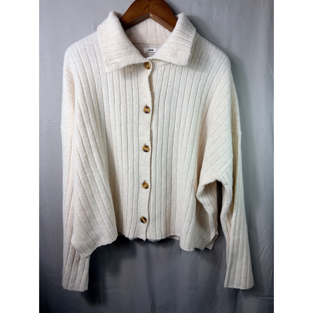 Aerie Women Cardigan Cream L Ribbed Knit Button Front Collared Sweater Cozy